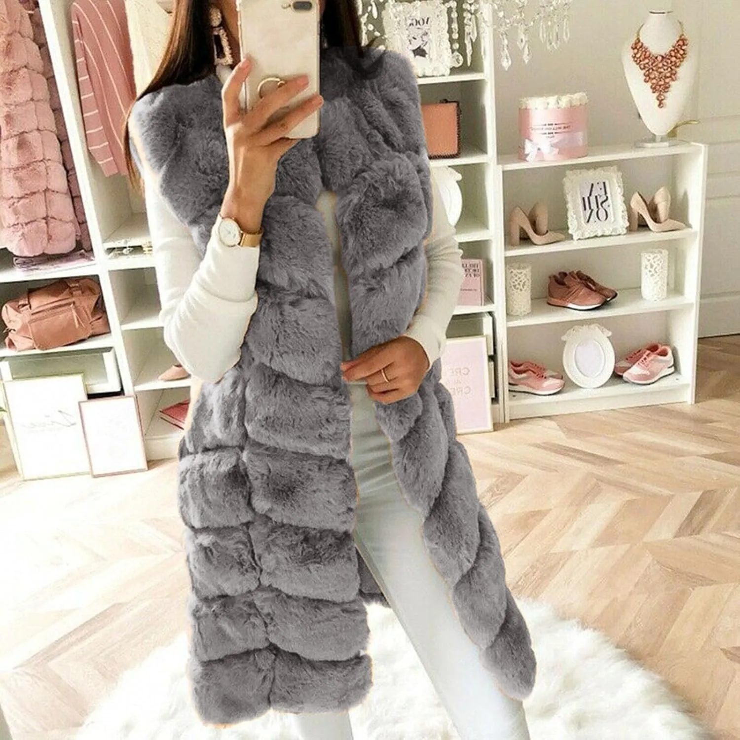 Womens Faux Fur Gilet Coats Sleeveless Waistcoat Solid Color Warmer Jacket Fluffy Coat Winter Outwear Tops