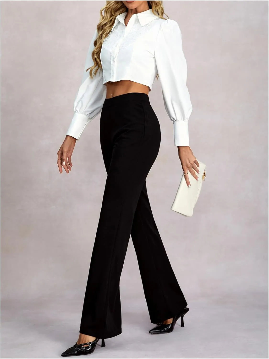 Women's Flare Dress Pants High Elastic Waist Elegant Work Office Trousers