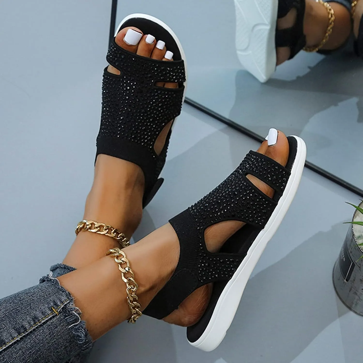 Women's Flat Sandals Ladies Toe Womens Comfortable Shoes Sandals Loop Wedge Hook Mesh Breathable