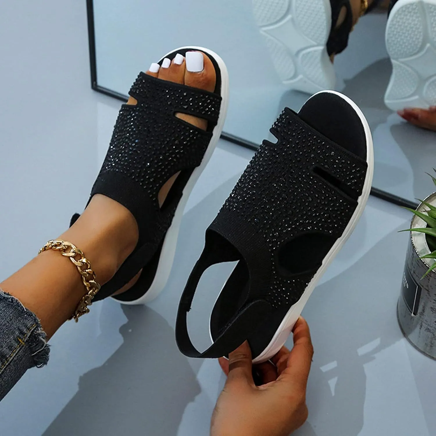 Women's Flat Sandals Ladies Toe Womens Comfortable Shoes Sandals Loop Wedge Hook Mesh Breathable