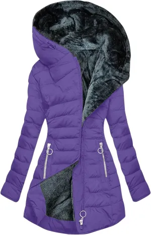 Women's Fleece Lined Puffer Coats Winter Sherpa Hooded Down Jackets Plus Size Warm Windproof Quilted Parkas Overcoat