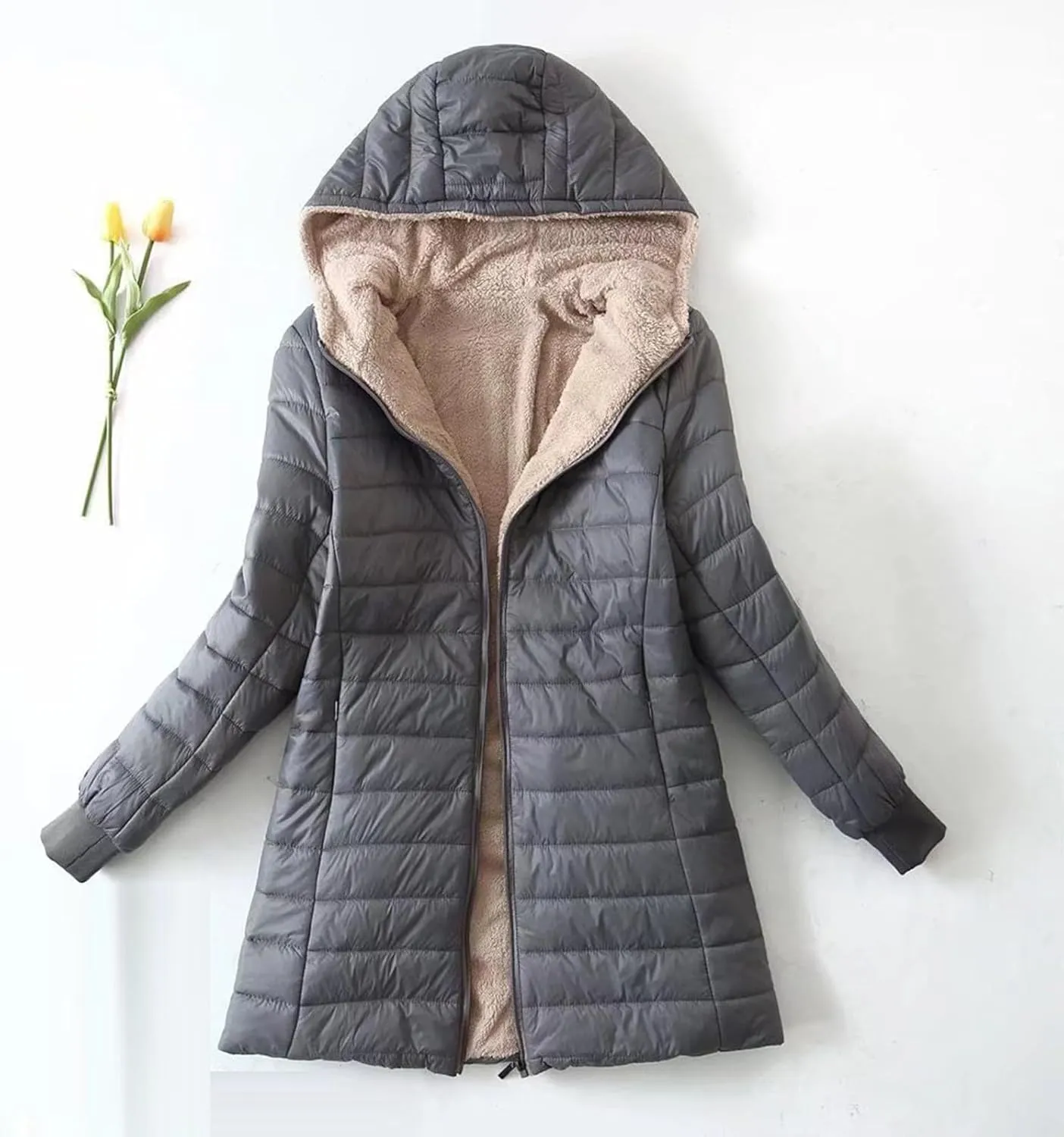 Womens Fleece Lined Puffer Jacket Quilted Padded Coats with Hood Zip Up Down Coat Winter Lightweight Outwear