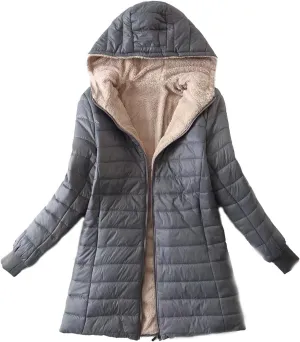 Womens Fleece Lined Puffer Jacket Quilted Padded Coats with Hood Zip Up Down Coat Winter Lightweight Outwear
