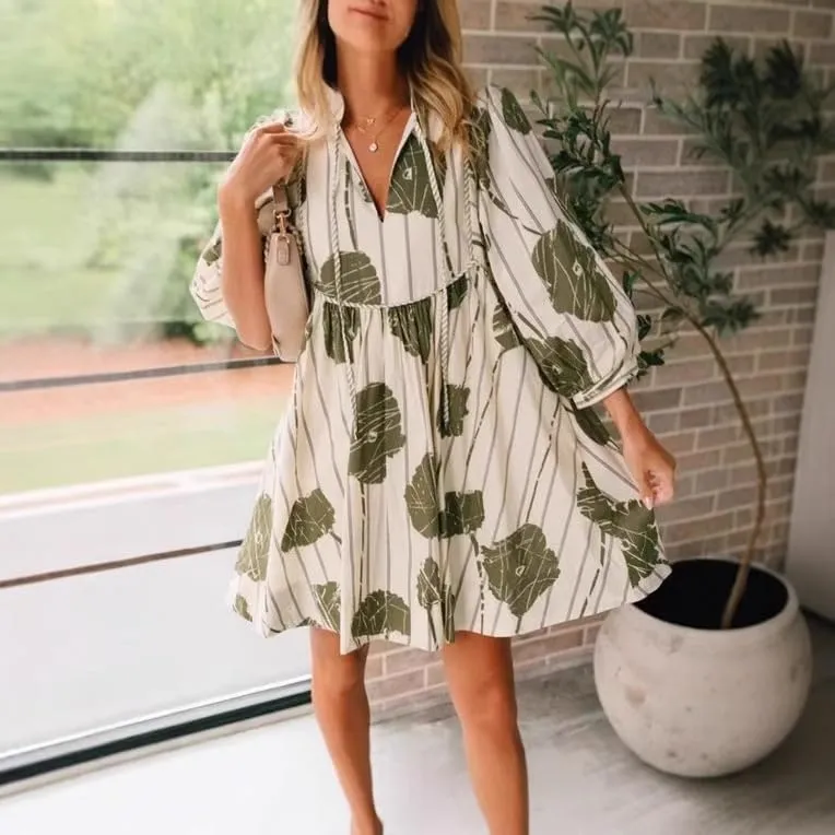Womens Floral Babydoll Mini Dress Tie V Neck Long Puff Sleeve Short Ruffle Dress Casual Flowy Boho Dress