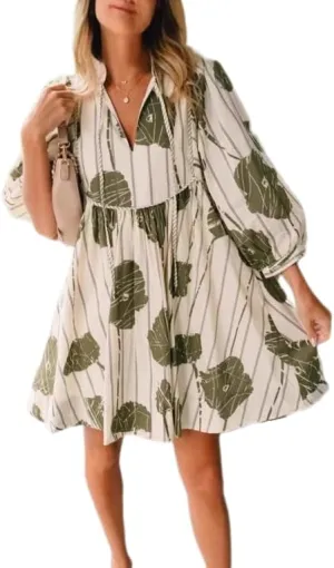 Womens Floral Babydoll Mini Dress Tie V Neck Long Puff Sleeve Short Ruffle Dress Casual Flowy Boho Dress