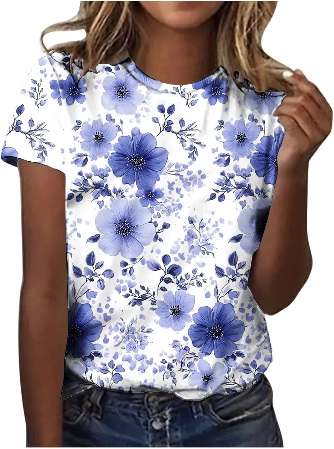Women's Floral Print Crewneck Tshirt Vintage Dressy Casual Short Sleeve Shirts Lightweight Loose Fit Tunic Tops