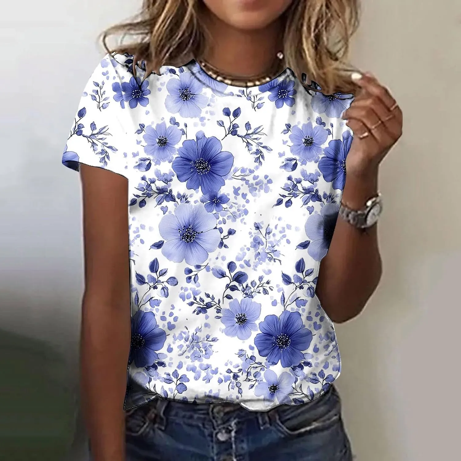 Women's Floral Print Crewneck Tshirt Vintage Dressy Casual Short Sleeve Shirts Lightweight Loose Fit Tunic Tops