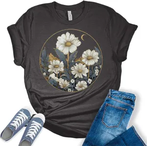 Womens Floral Shirts Wildflower Vintage Graphic Tees Short Sleeve Bella Summer Tops