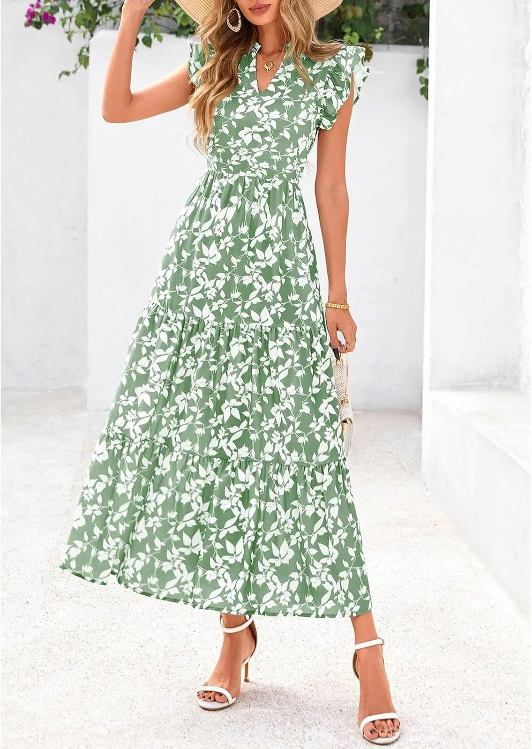Women's Floral Wrap V-Neck Midi Dress Short Sleeve Boho Summer Beach Long Dress High Low Hem Smocked Dress Women