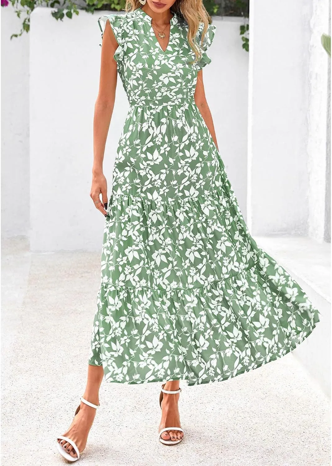 Women's Floral Wrap V-Neck Midi Dress Short Sleeve Boho Summer Beach Long Dress High Low Hem Smocked Dress Women