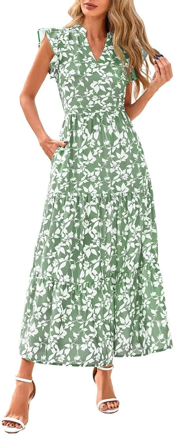 Women's Floral Wrap V-Neck Midi Dress Short Sleeve Boho Summer Beach Long Dress High Low Hem Smocked Dress Women