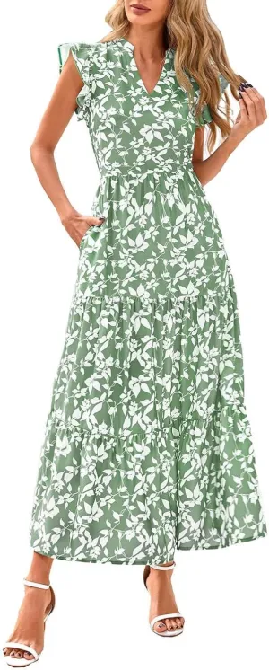 Women's Floral Wrap V-Neck Midi Dress Short Sleeve Boho Summer Beach Long Dress High Low Hem Smocked Dress Women
