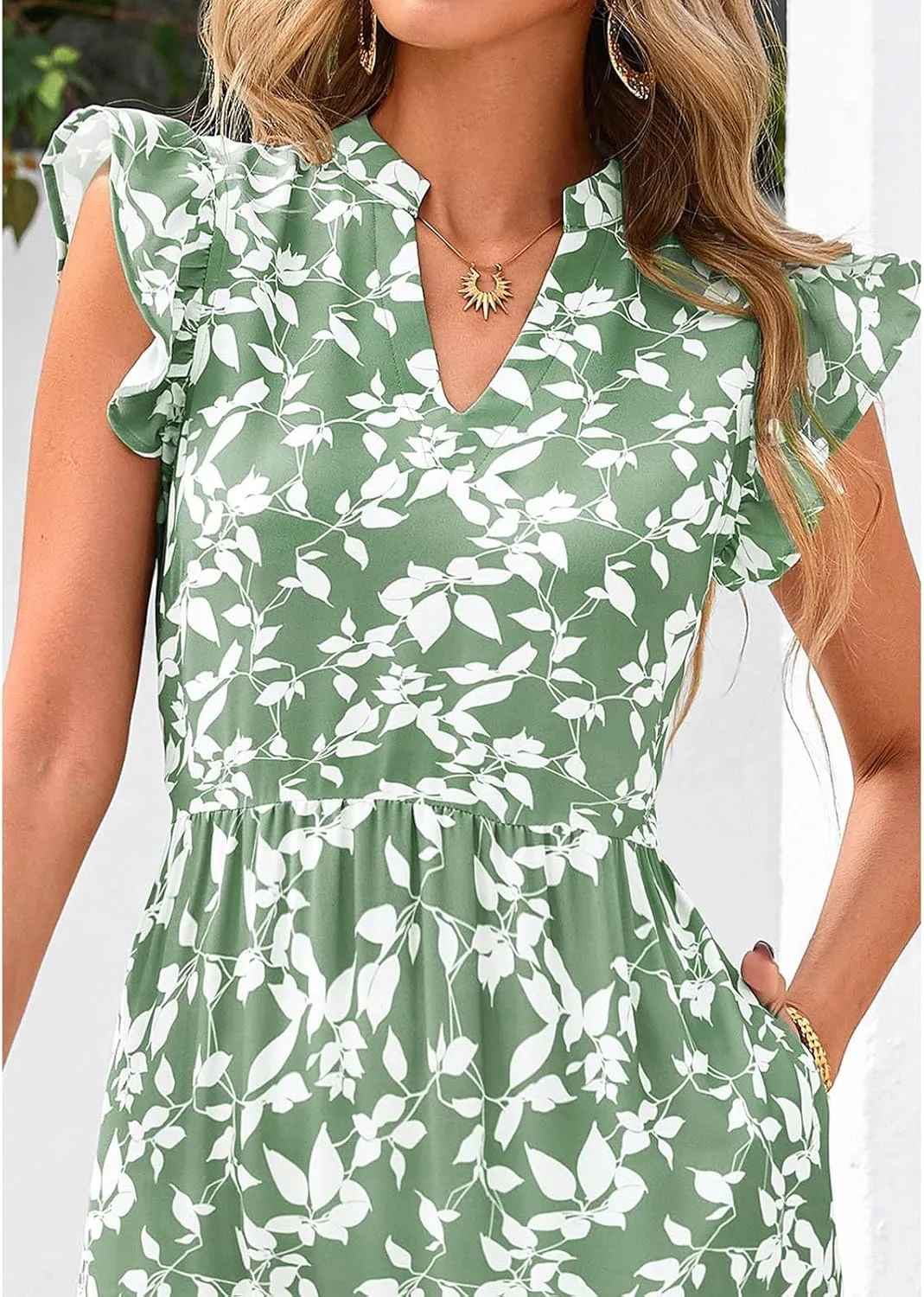 Women's Floral Wrap V-Neck Midi Dress Short Sleeve Boho Summer Beach Long Dress High Low Hem Smocked Dress Women