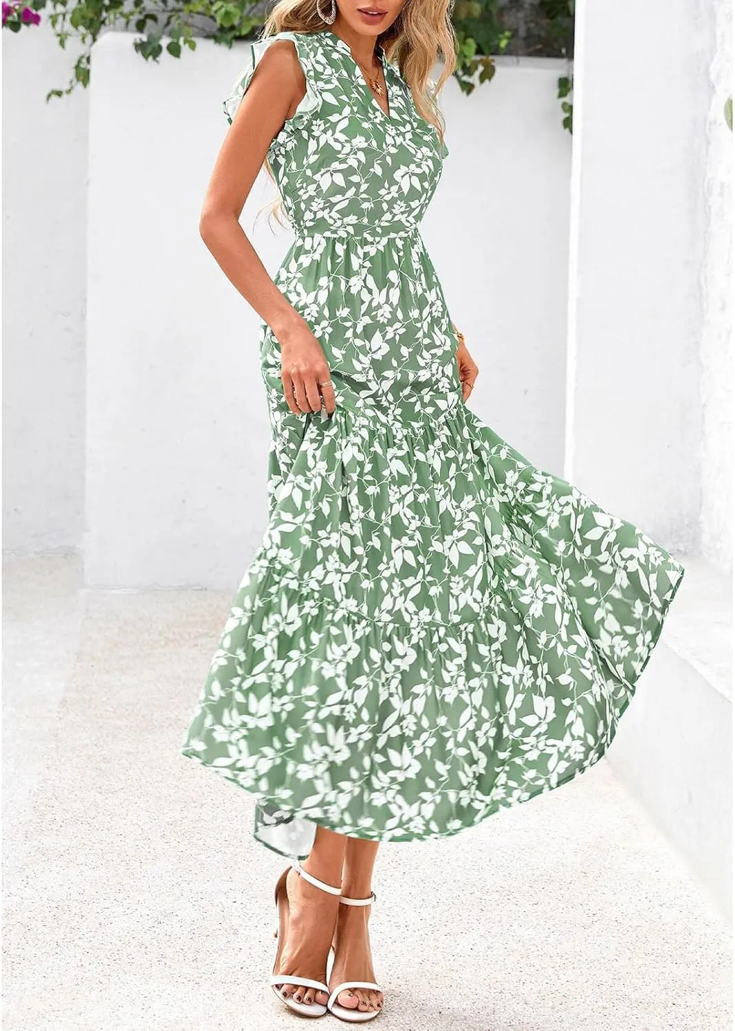Women's Floral Wrap V-Neck Midi Dress Short Sleeve Boho Summer Beach Long Dress High Low Hem Smocked Dress Women