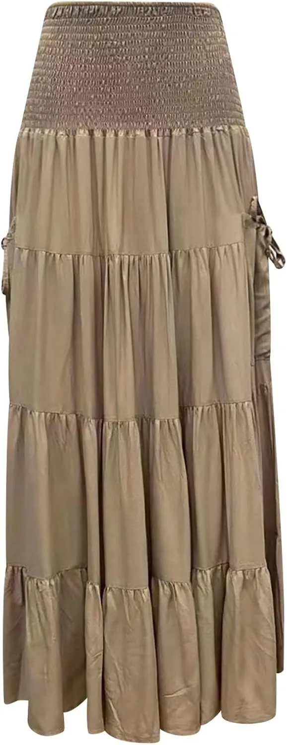 Womens Flowy Pleated Skirts A Line High Smocked Waist Midi Skirt Bohemian Casual Renaissance Skirt with Pockets 2025