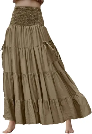 Womens Flowy Pleated Skirts A Line High Smocked Waist Midi Skirt Bohemian Casual Renaissance Skirt with Pockets 2025
