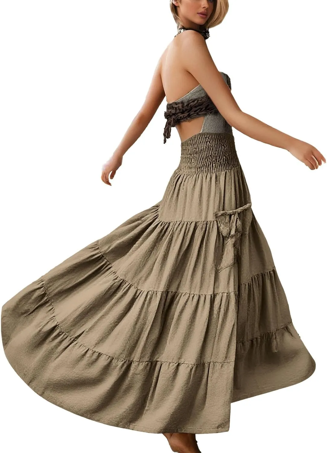 Womens Flowy Pleated Skirts A Line High Smocked Waist Midi Skirt Bohemian Casual Renaissance Skirt with Pockets 2025