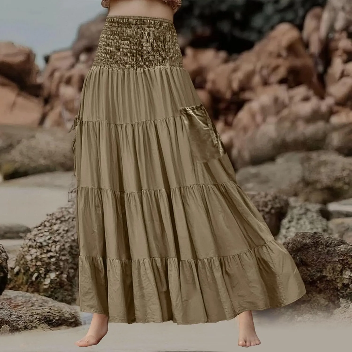 Womens Flowy Pleated Skirts A Line High Smocked Waist Midi Skirt Bohemian Casual Renaissance Skirt with Pockets 2025
