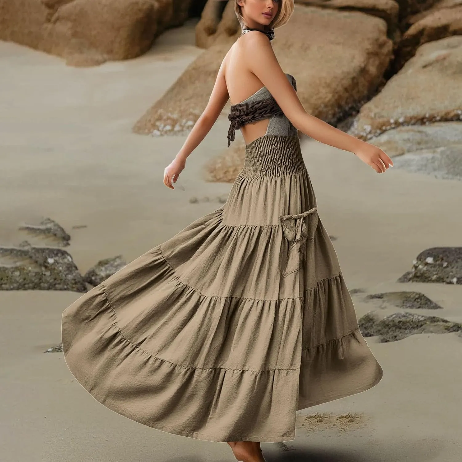 Womens Flowy Pleated Skirts A Line High Smocked Waist Midi Skirt Bohemian Casual Renaissance Skirt with Pockets 2025