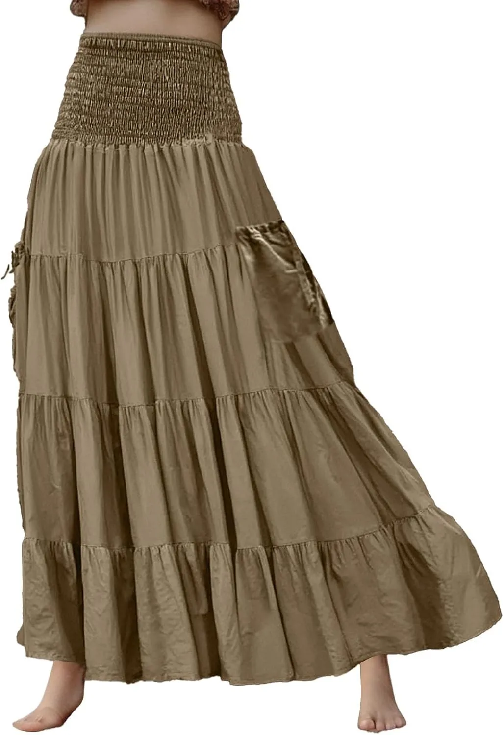 Womens Flowy Pleated Skirts A Line High Smocked Waist Midi Skirt Bohemian Casual Renaissance Skirt with Pockets 2025