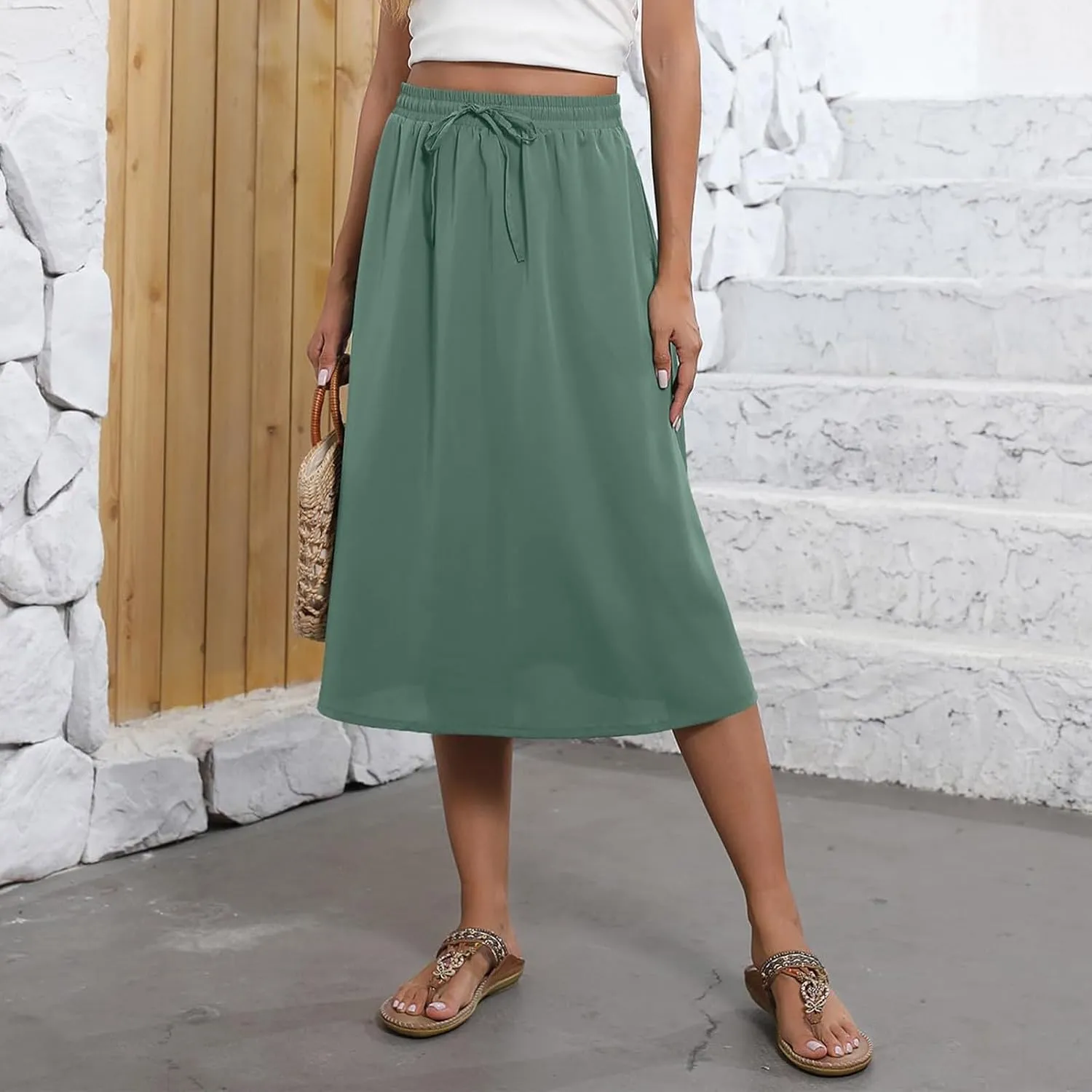 Women's Flowy Skirt Summer Casual Loose Trendy Elastic High Waist Floral Print Bohemian Sun Beach Maxi Skirts