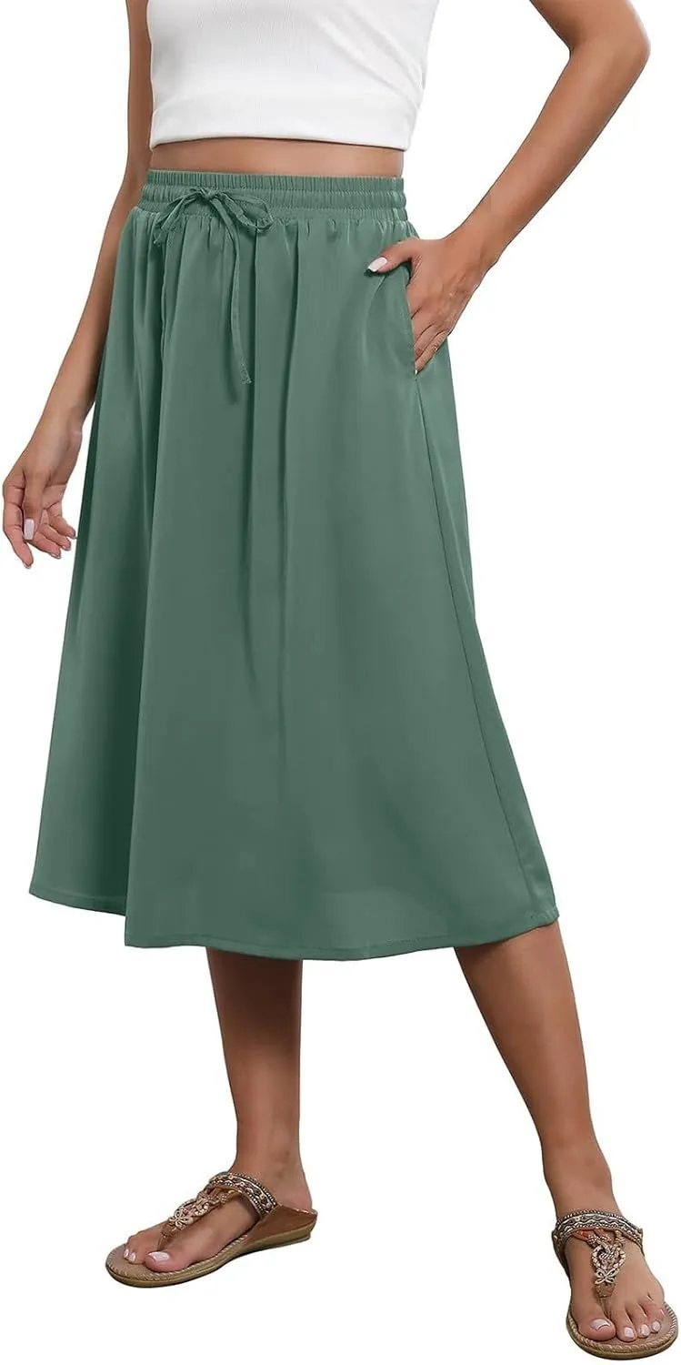 Women's Flowy Skirt Summer Casual Loose Trendy Elastic High Waist Floral Print Bohemian Sun Beach Maxi Skirts