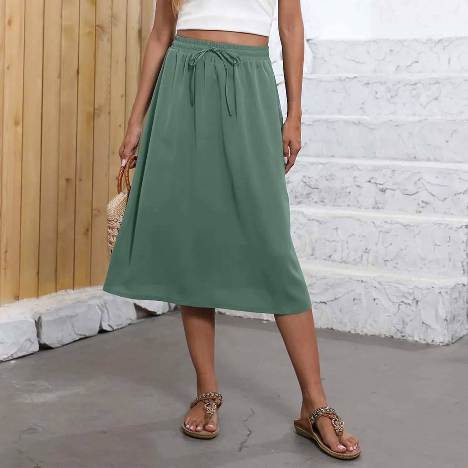 Women's Flowy Skirt Summer Casual Loose Trendy Elastic High Waist Floral Print Bohemian Sun Beach Maxi Skirts