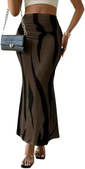 Women's Graphic Print Maxi Skirt Ruched High Waist Long Fishtail Skirt Fashion Bodycon Pencil Skirt