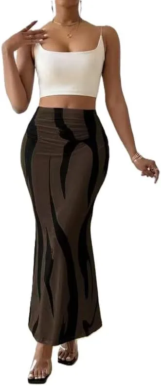 Women's Graphic Print Maxi Skirt Ruched High Waist Long Fishtail Skirt Fashion Bodycon Pencil Skirt