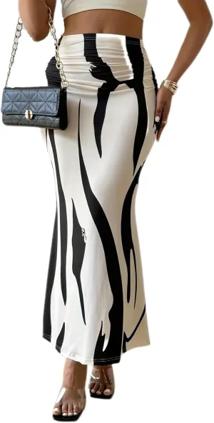 Women's Graphic Print Maxi Skirt Ruched High Waist Long Fishtail Skirt Fashion Bodycon Pencil Skirt