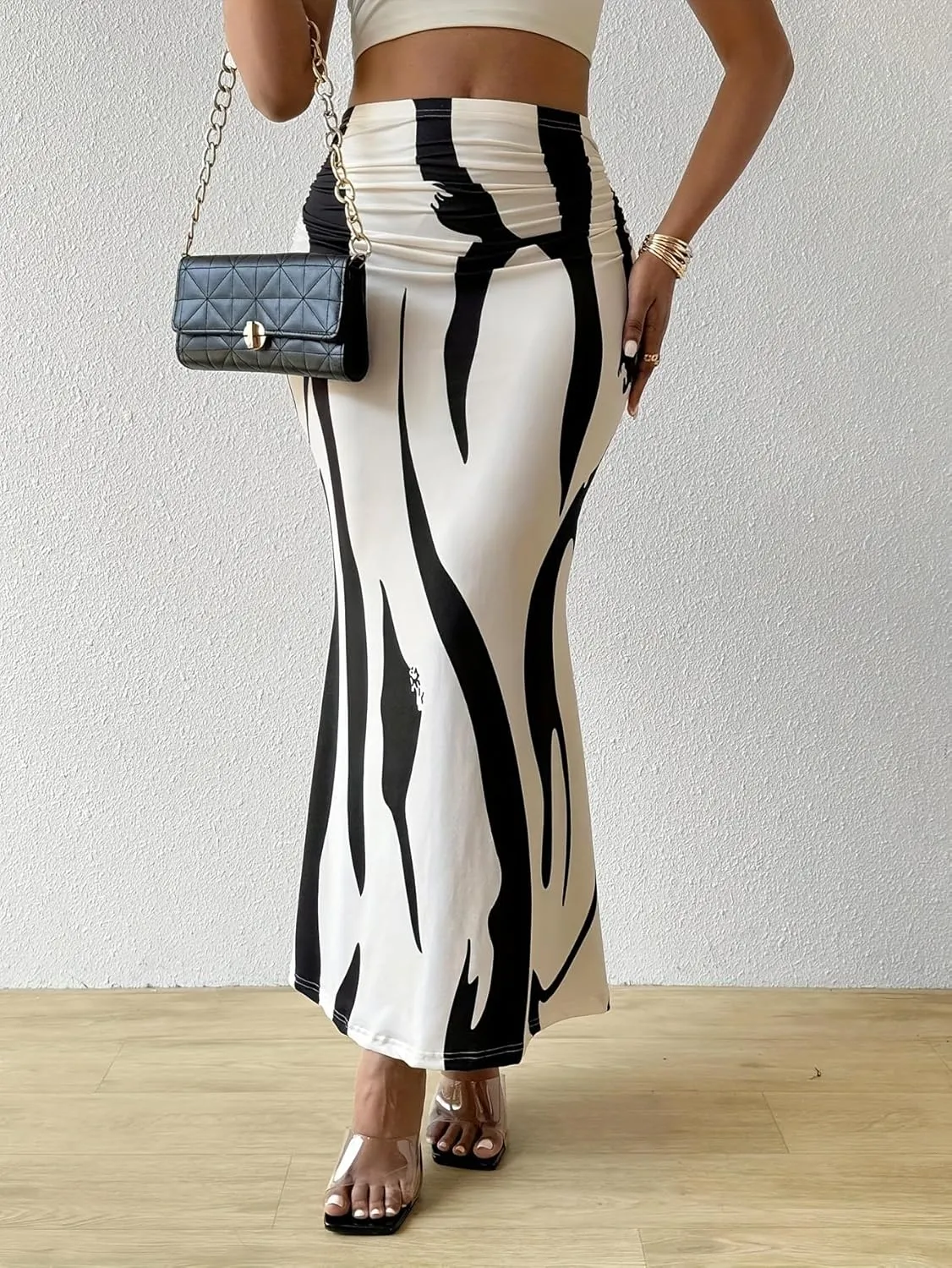 Women's Graphic Print Maxi Skirt Ruched High Waist Long Fishtail Skirt Fashion Bodycon Pencil Skirt