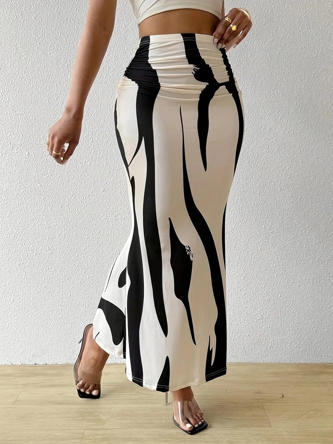 Women's Graphic Print Maxi Skirt Ruched High Waist Long Fishtail Skirt Fashion Bodycon Pencil Skirt