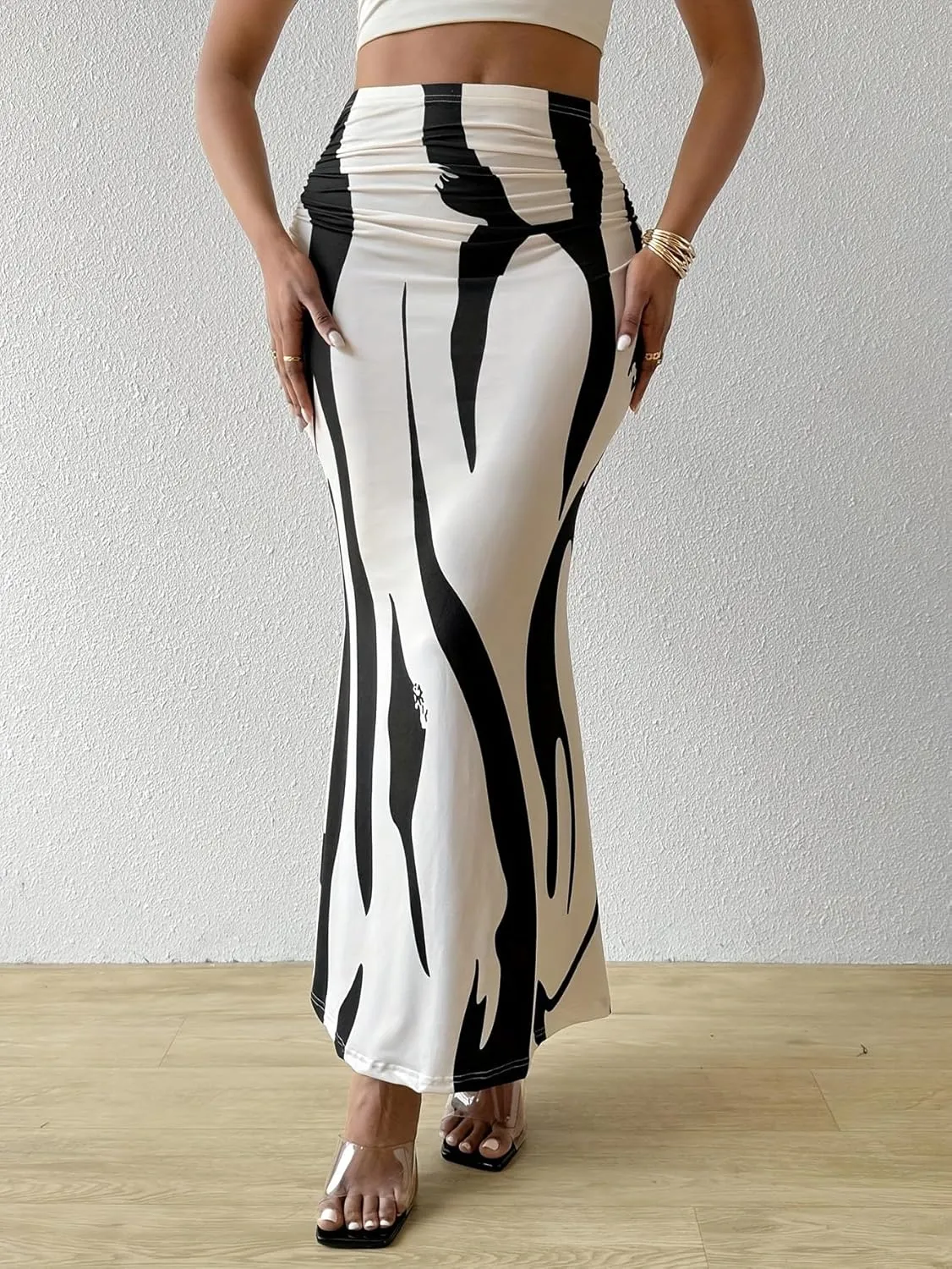 Women's Graphic Print Maxi Skirt Ruched High Waist Long Fishtail Skirt Fashion Bodycon Pencil Skirt