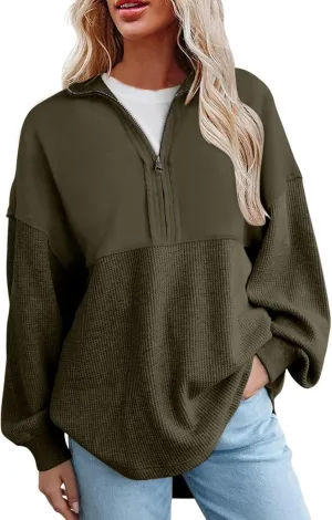 Womens Half Zip Waffle Knit Sweatshirt Oversized Sweatshirts Casual Trendy Crewneck Pullovers Fall Winter Clothes