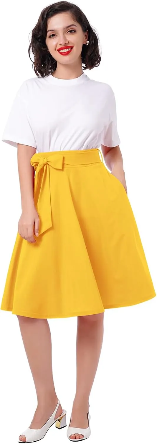Women's High Waist A-Line Skirt Tie Knot Front Pleated Flared Midi Skirt Swing Casual Party Skirts with Pockets Summer