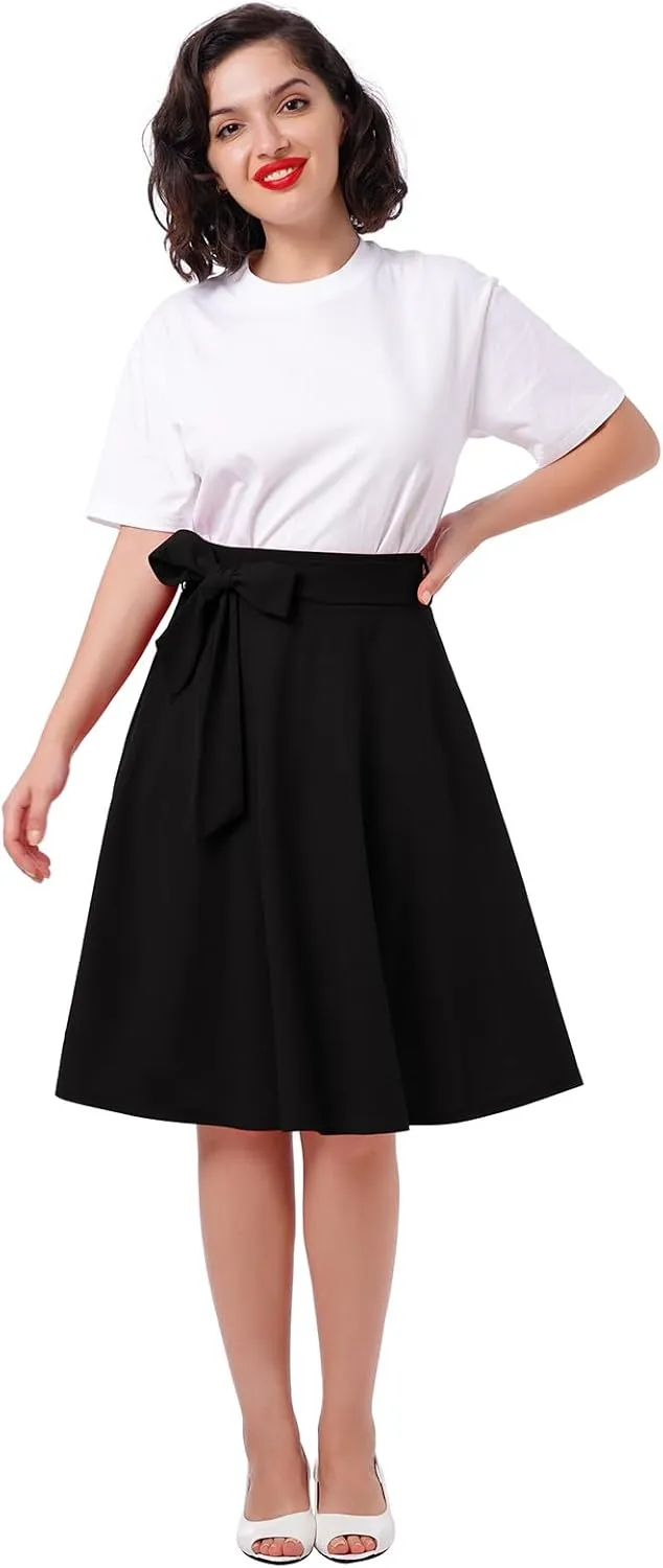 Women's High Waist A-Line Skirt Tie Knot Front Pleated Flared Midi Skirt Swing Casual Party Skirts with Pockets Summer