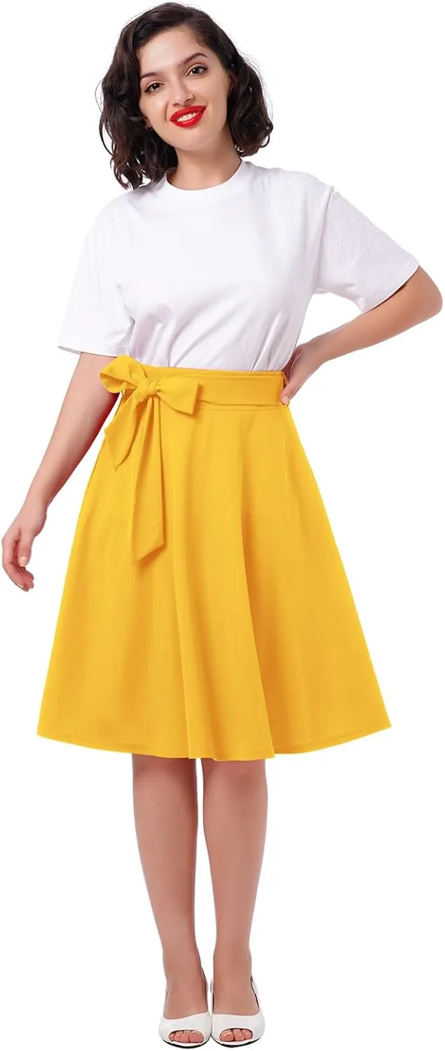 Women's High Waist A-Line Skirt Tie Knot Front Pleated Flared Midi Skirt Swing Casual Party Skirts with Pockets Summer