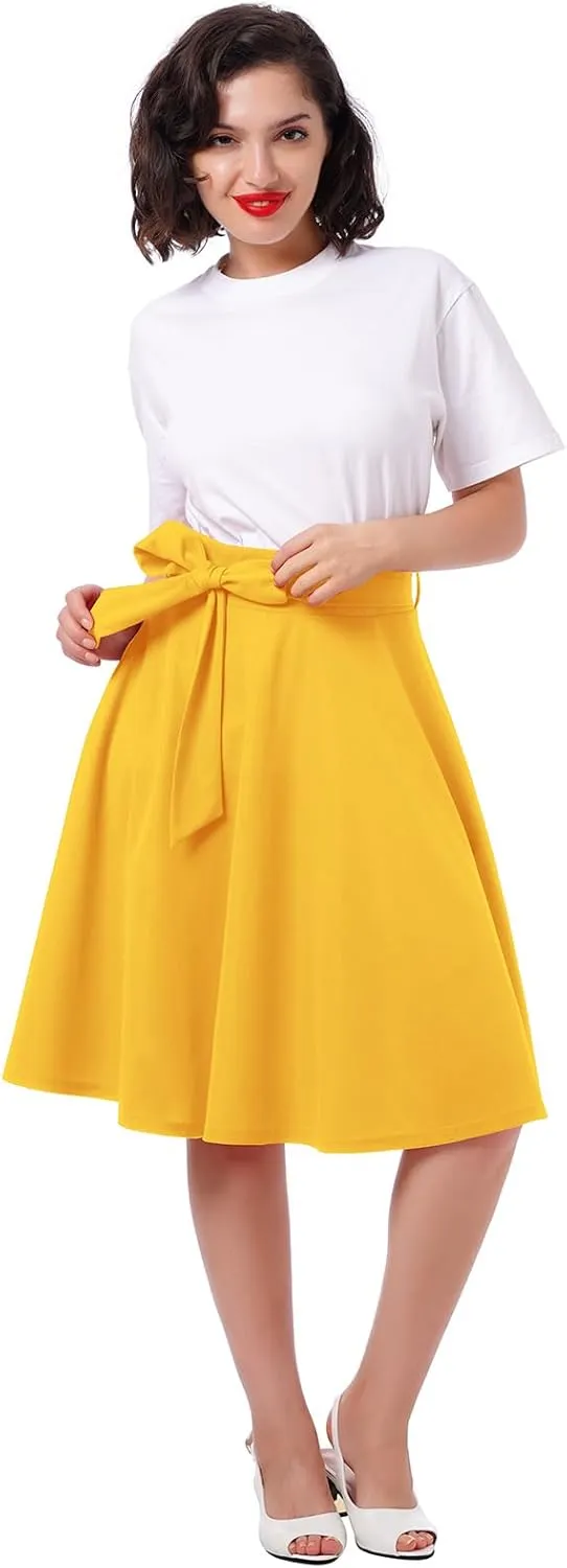 Women's High Waist A-Line Skirt Tie Knot Front Pleated Flared Midi Skirt Swing Casual Party Skirts with Pockets Summer