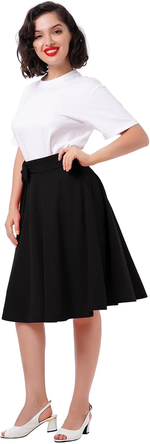 Women's High Waist A-Line Skirt Tie Knot Front Pleated Flared Midi Skirt Swing Casual Party Skirts with Pockets Summer