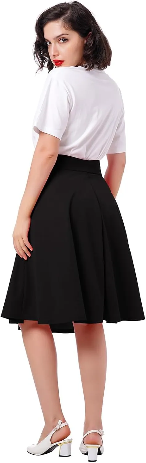 Women's High Waist A-Line Skirt Tie Knot Front Pleated Flared Midi Skirt Swing Casual Party Skirts with Pockets Summer