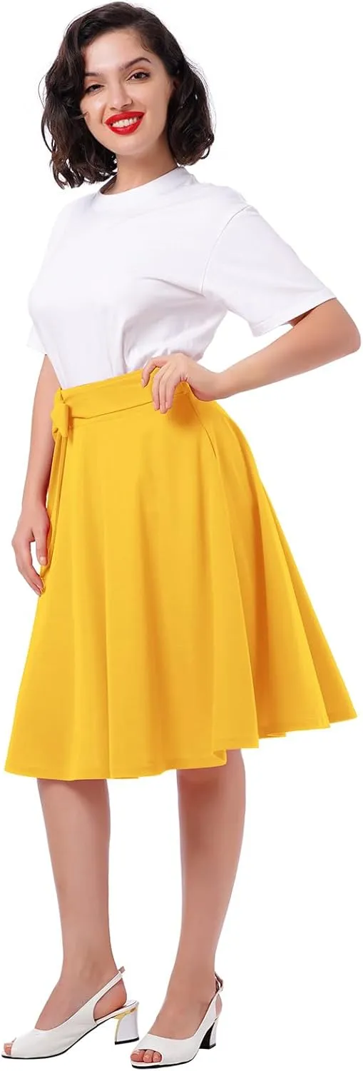 Women's High Waist A-Line Skirt Tie Knot Front Pleated Flared Midi Skirt Swing Casual Party Skirts with Pockets Summer