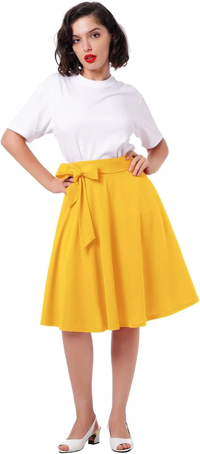 Women's High Waist A-Line Skirt Tie Knot Front Pleated Flared Midi Skirt Swing Casual Party Skirts with Pockets Summer