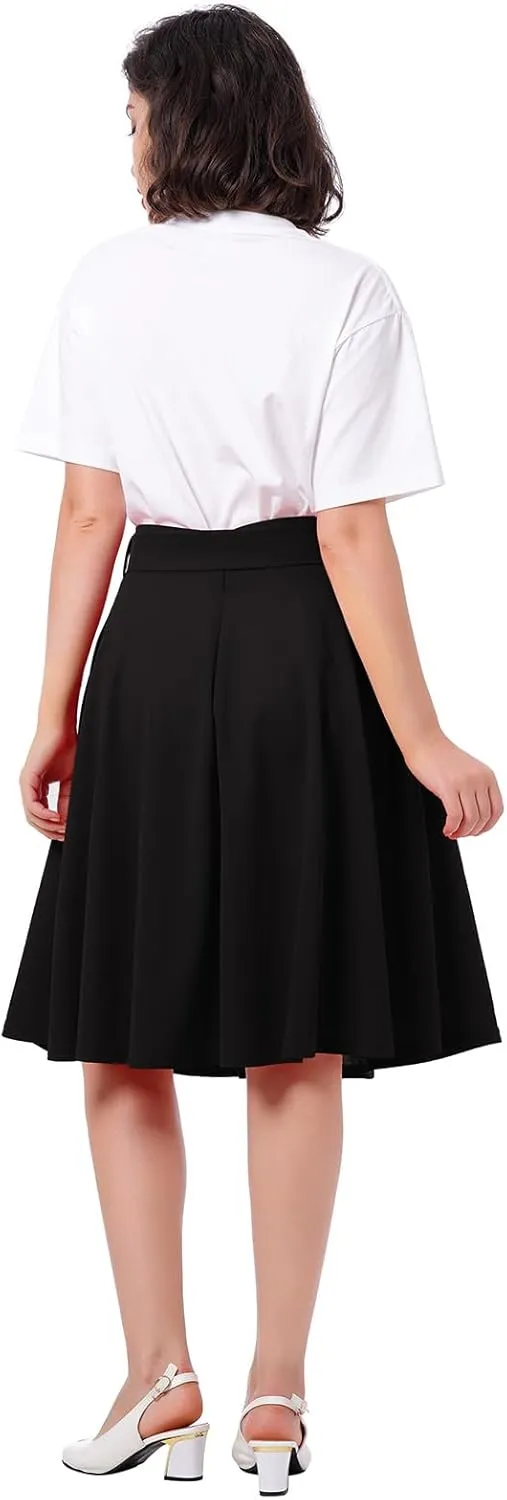 Women's High Waist A-Line Skirt Tie Knot Front Pleated Flared Midi Skirt Swing Casual Party Skirts with Pockets Summer