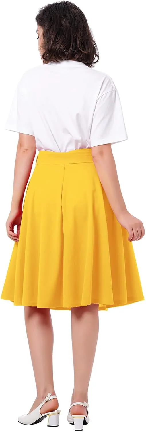 Women's High Waist A-Line Skirt Tie Knot Front Pleated Flared Midi Skirt Swing Casual Party Skirts with Pockets Summer