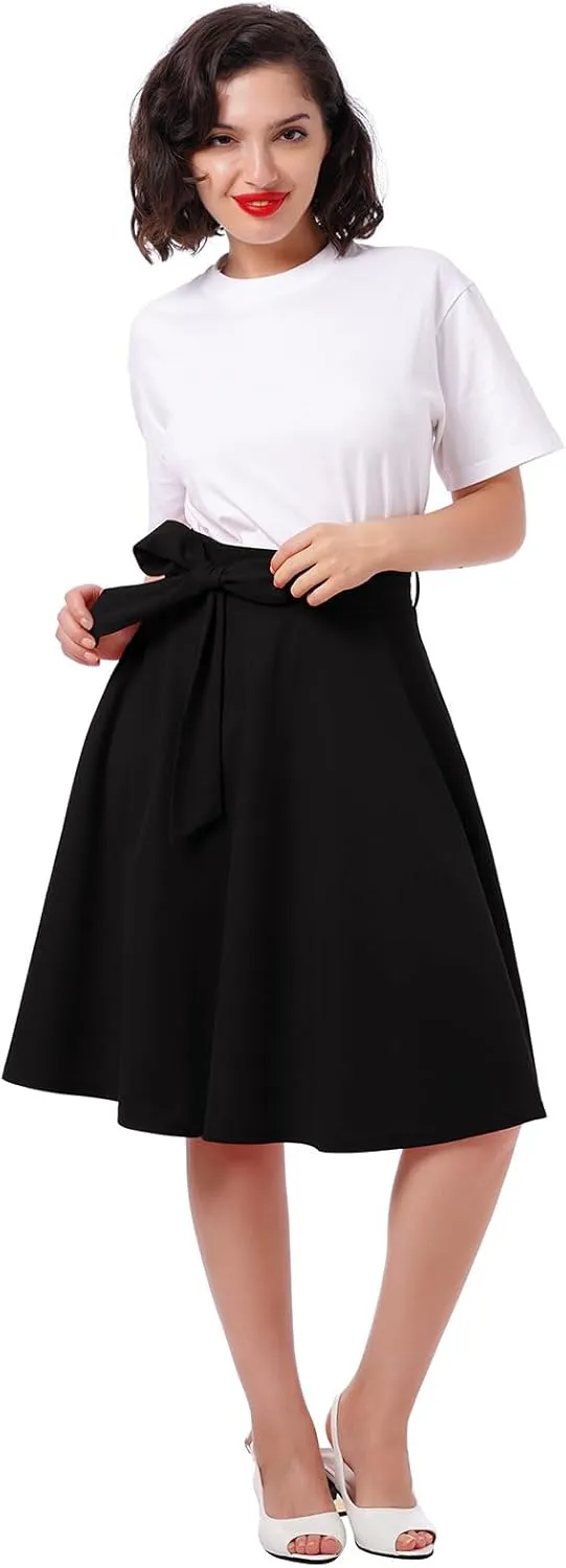 Women's High Waist A-Line Skirt Tie Knot Front Pleated Flared Midi Skirt Swing Casual Party Skirts with Pockets Summer