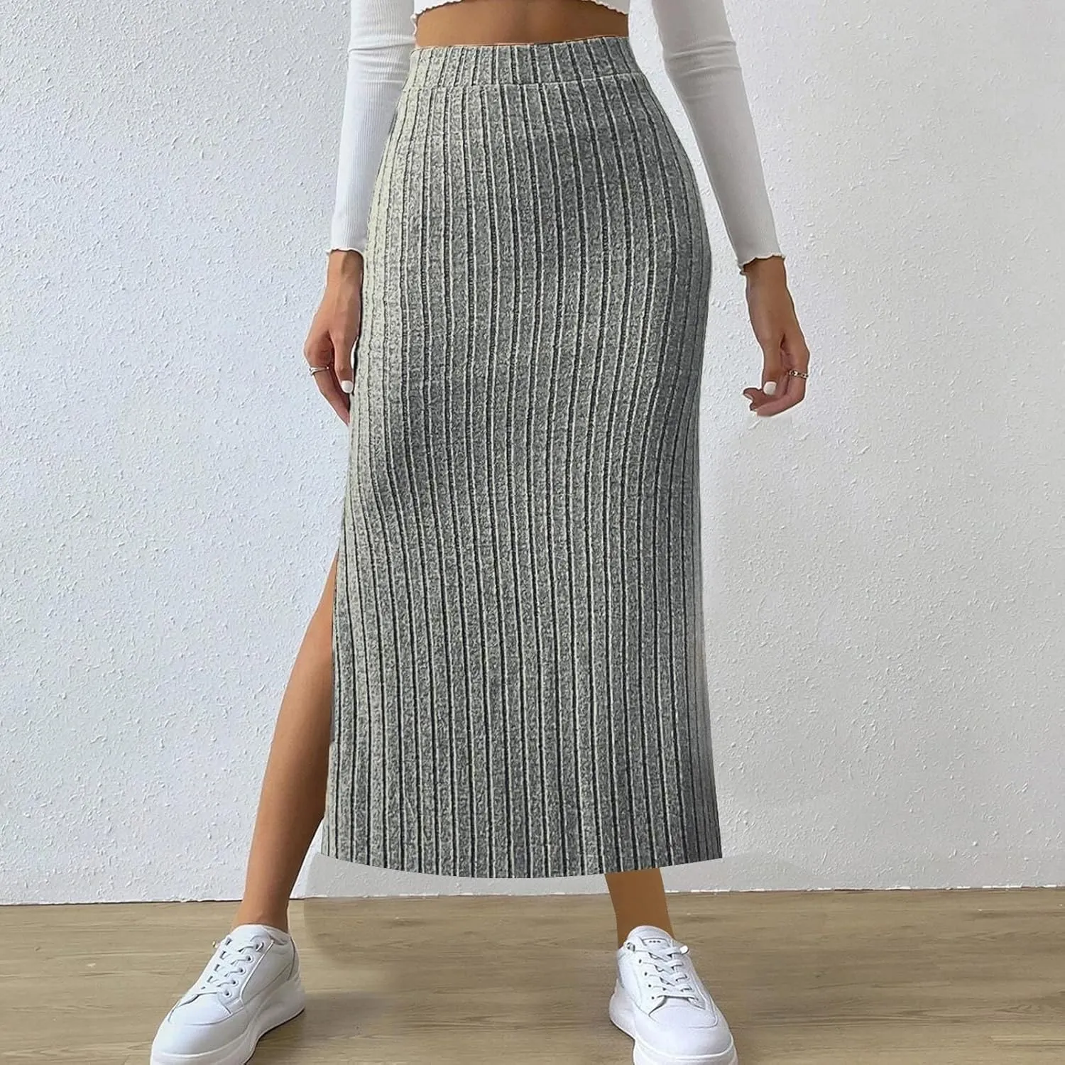 Women's High Waist Long Maxi Skirt Stretch Slim Fit Bodycon Work Pencil Skirts Solid Color Business Dress