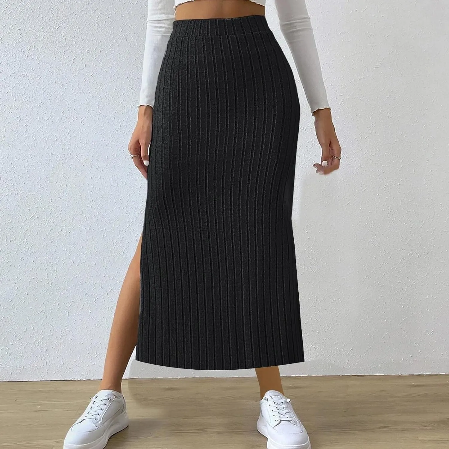 Women's High Waist Long Maxi Skirt Stretch Slim Fit Bodycon Work Pencil Skirts Solid Color Business Dress