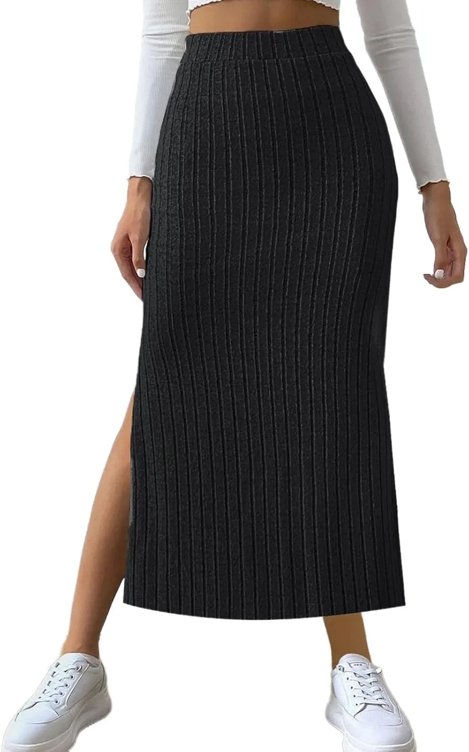 Women's High Waist Long Maxi Skirt Stretch Slim Fit Bodycon Work Pencil Skirts Solid Color Business Dress