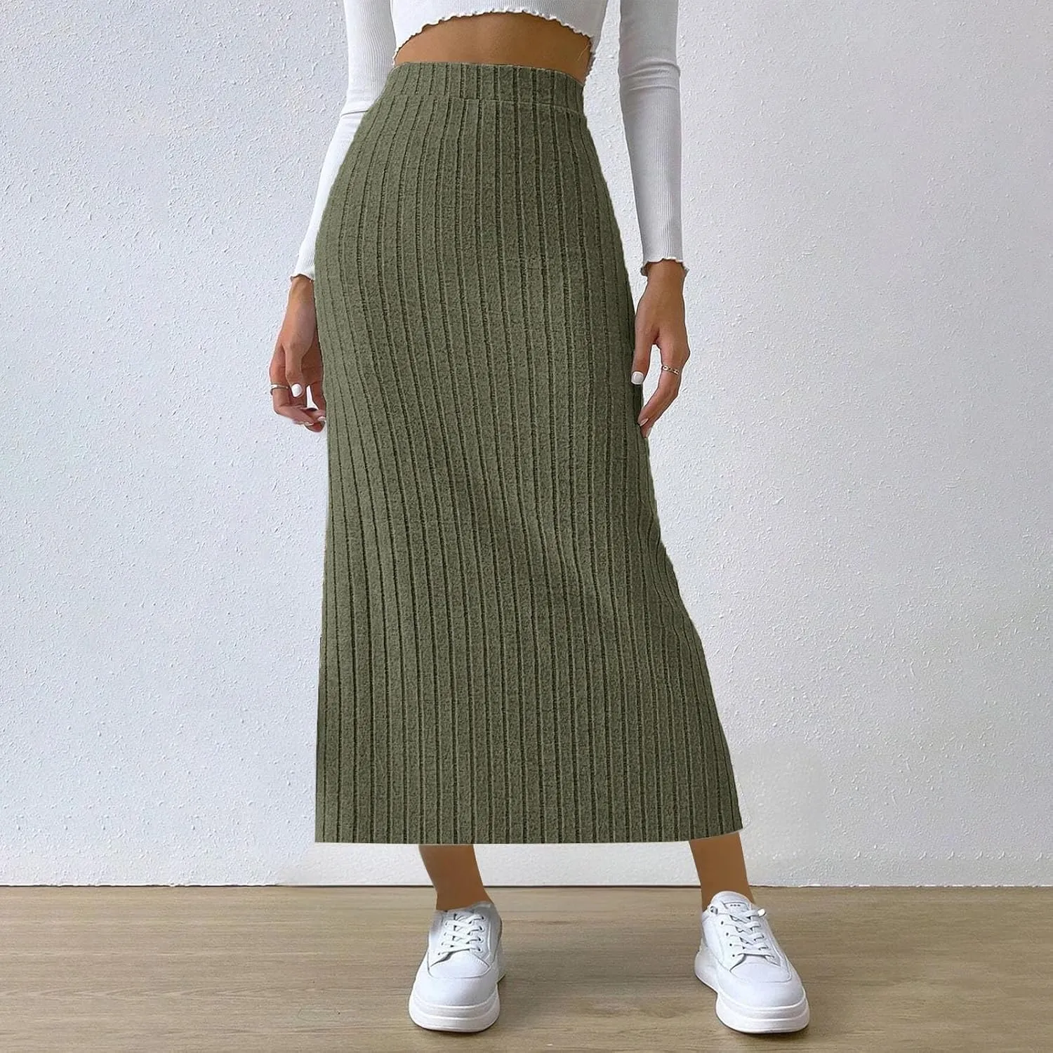 Women's High Waist Long Maxi Skirt Stretch Slim Fit Bodycon Work Pencil Skirts Solid Color Business Dress