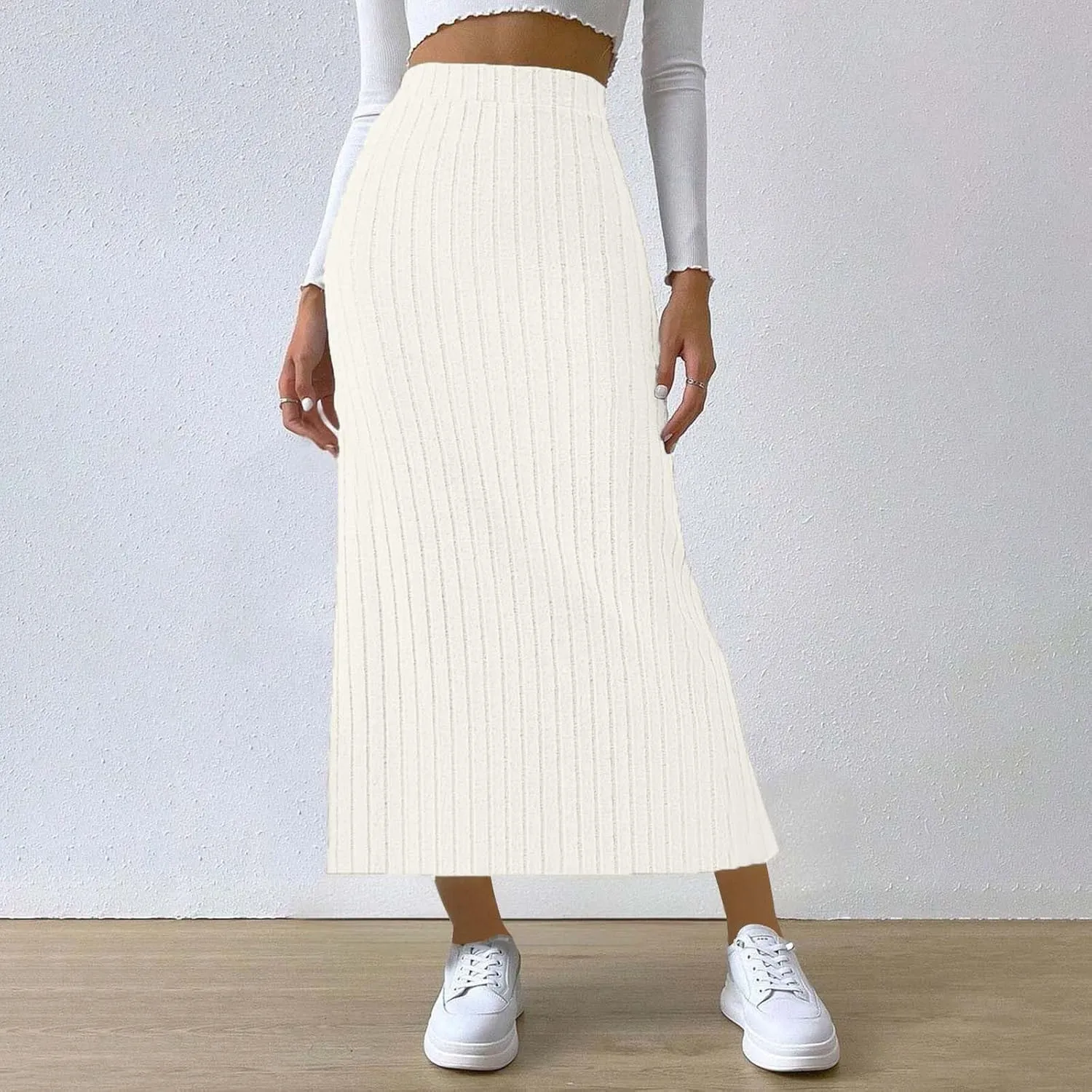 Women's High Waist Long Maxi Skirt Stretch Slim Fit Bodycon Work Pencil Skirts Solid Color Business Dress